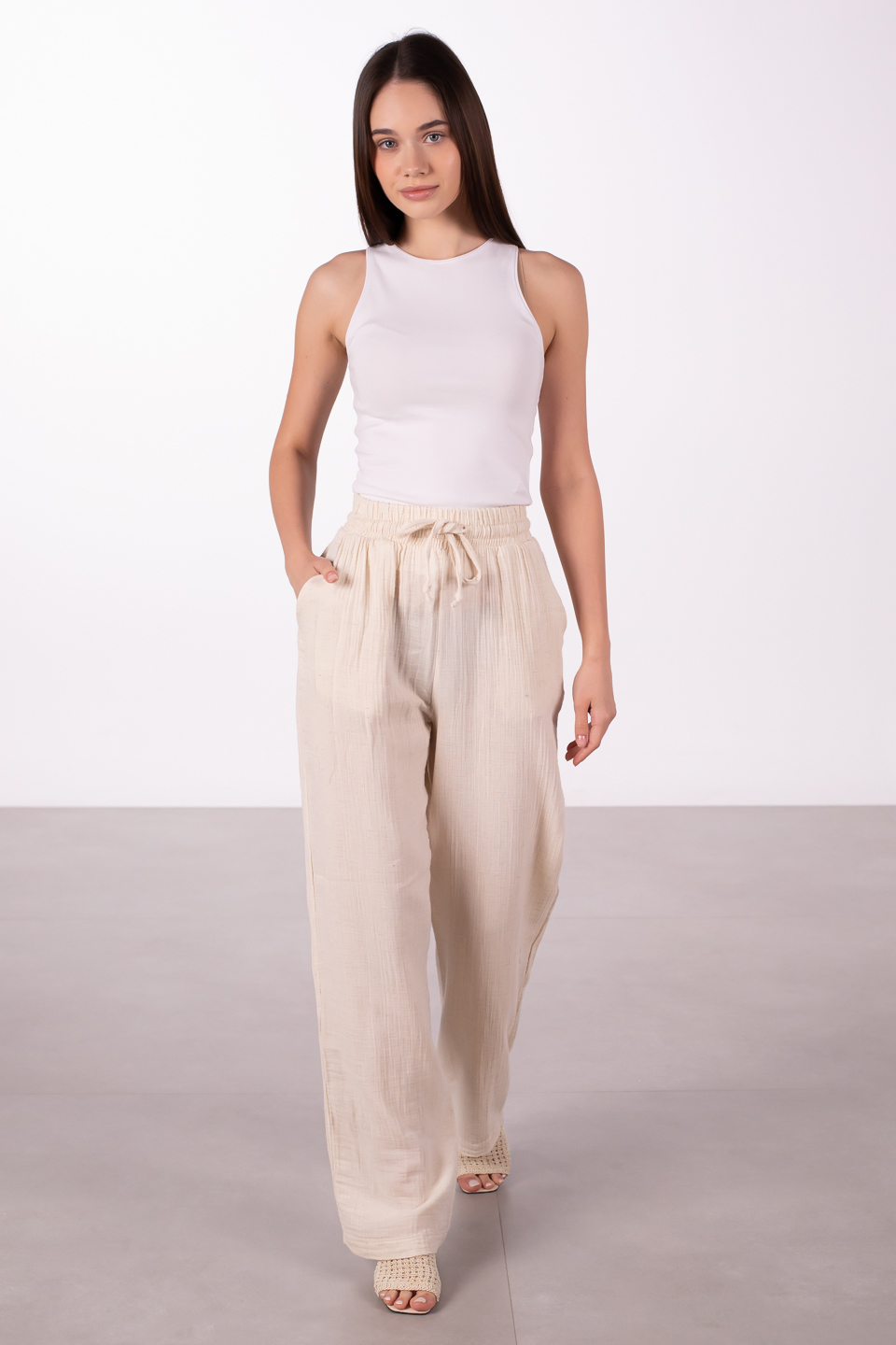 Beli lastikli müslin bol paça pantolon-7051 SUMMER Natural