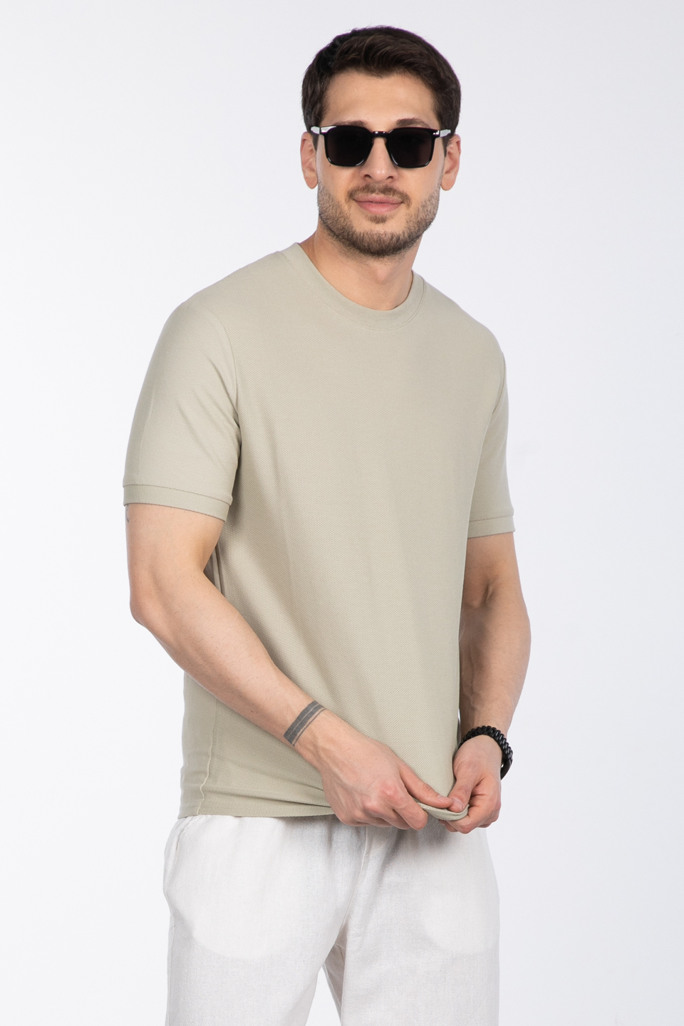 Bisiklet yaka pike t-shirt-2387 Taş