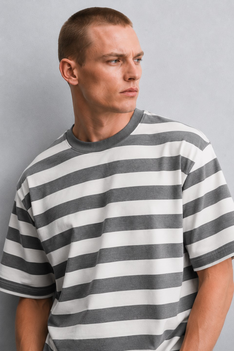 Erkek Kalın Çizgili Oversize T-Shirt - Gri Melanj