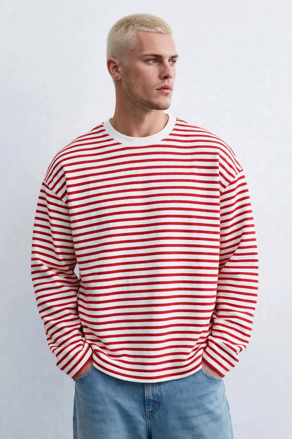 Erkek Çizgili Oversizxe Sweatshirt - Kırmızı