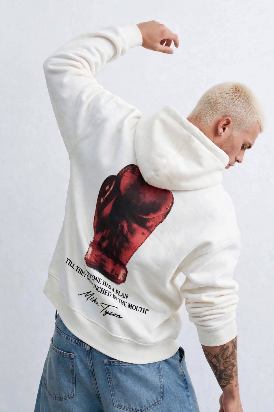 Erkek Arka Kadife Baskılı Kapüşonlu Sweatshirt - Beyaz