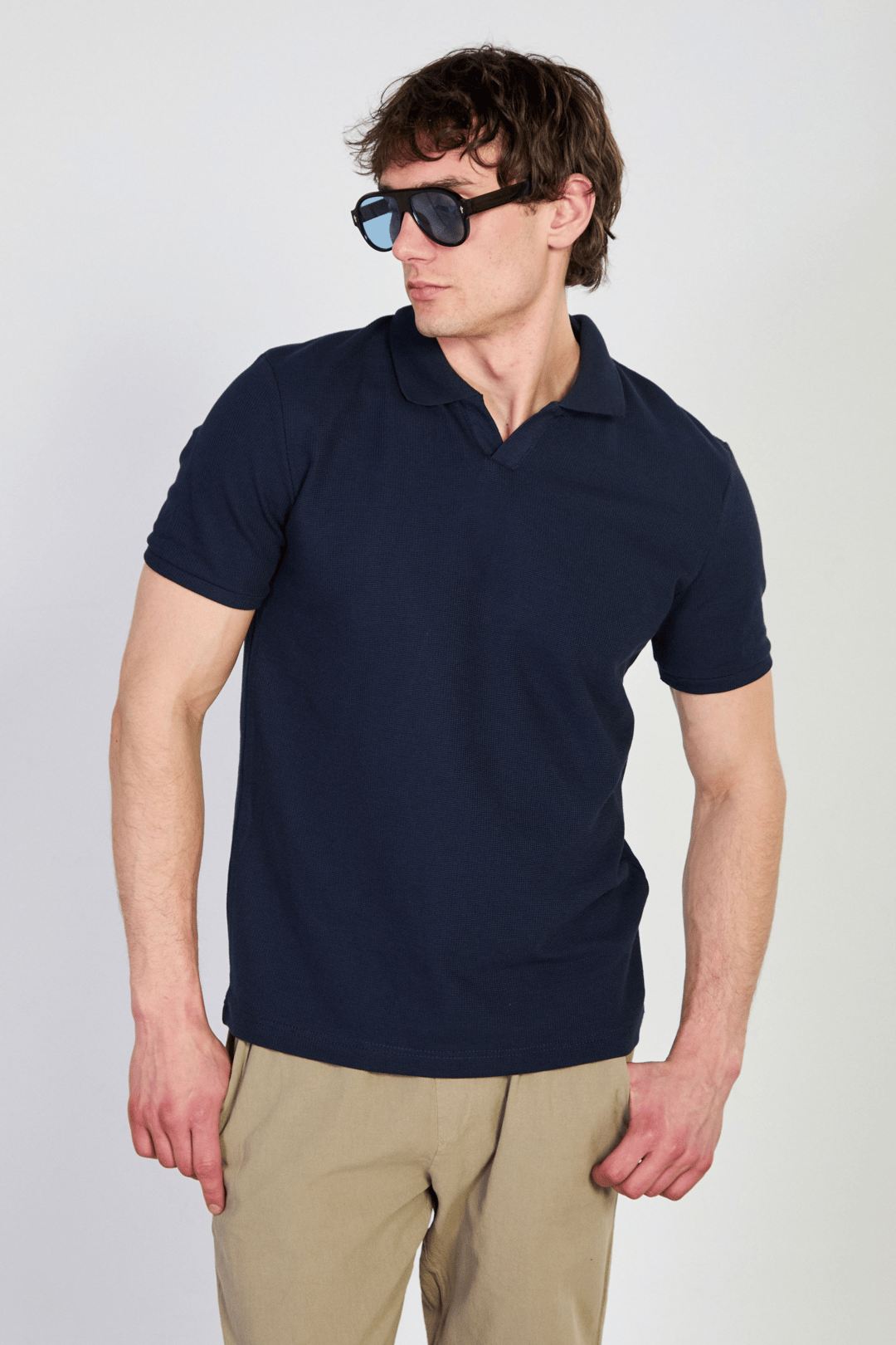 Erkek Waffle Yakalı T-Shirt - İndigo