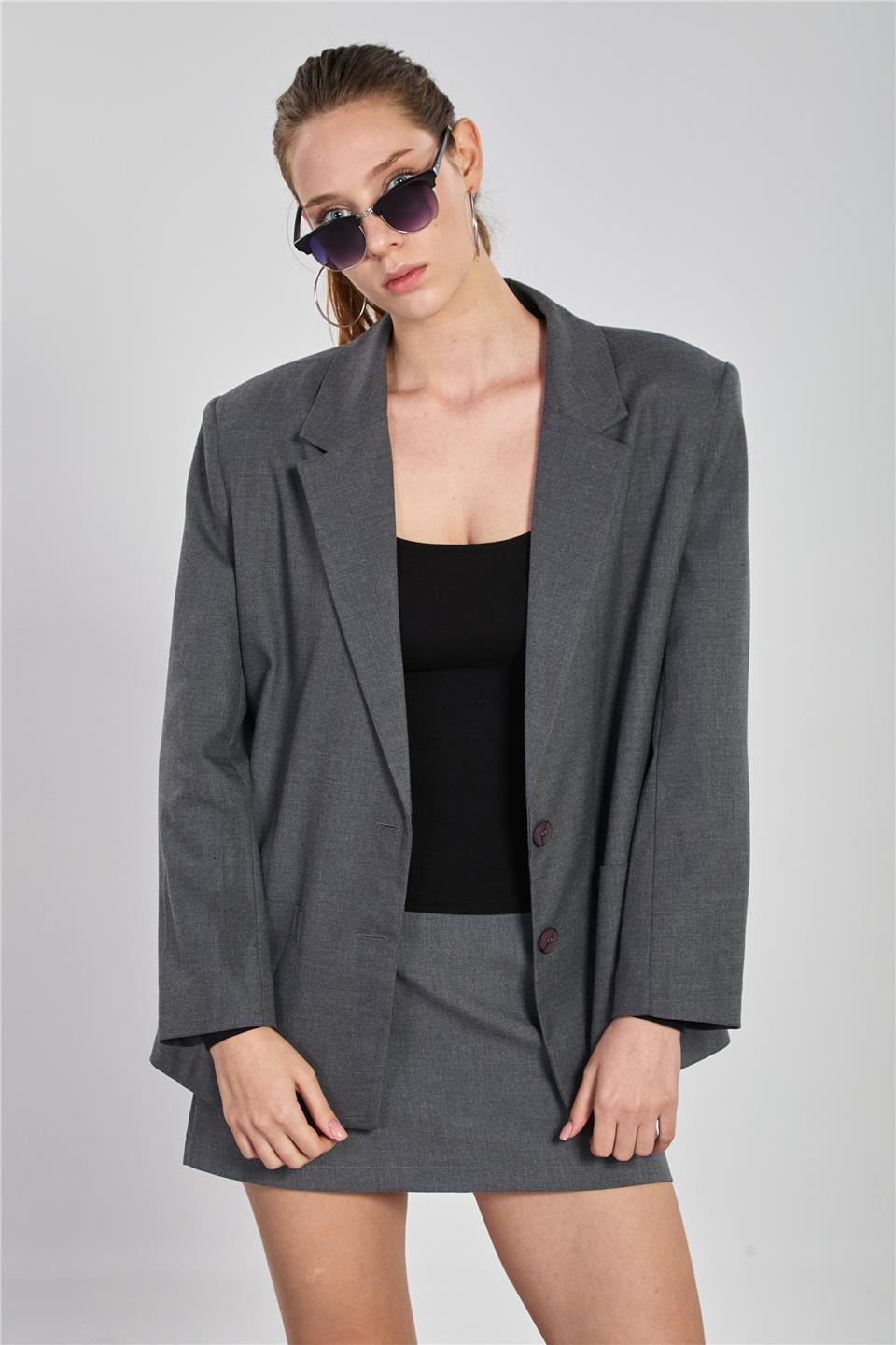 Çift düğmeli cepli blazer ceket-8353-1 Antrasit