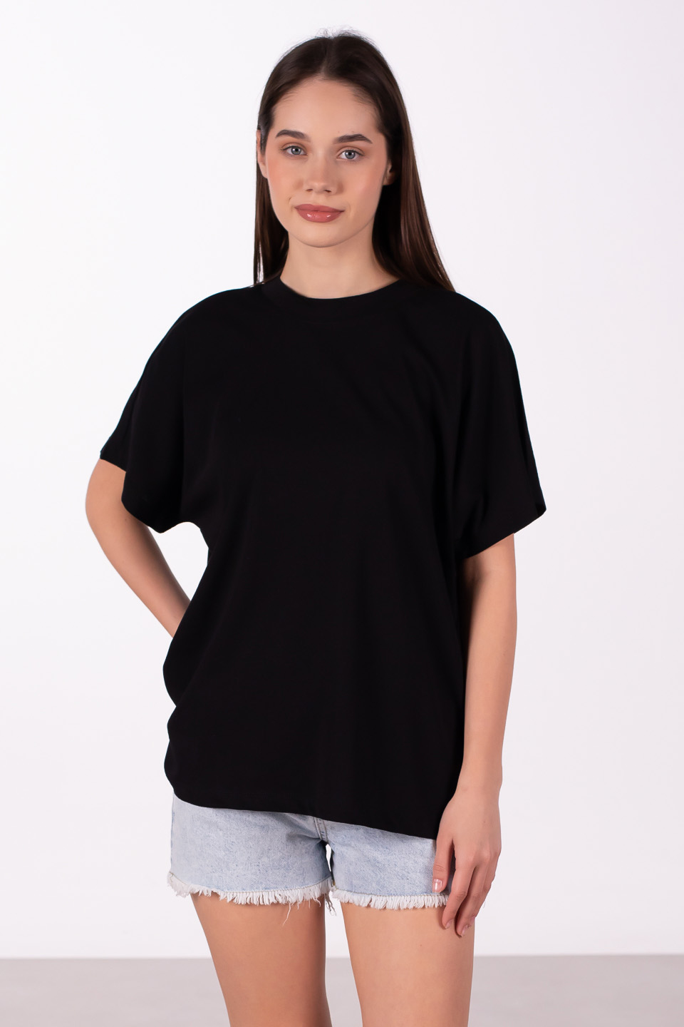 Dik yaka düşük kol oversize t-shirt-4489 Siyah
