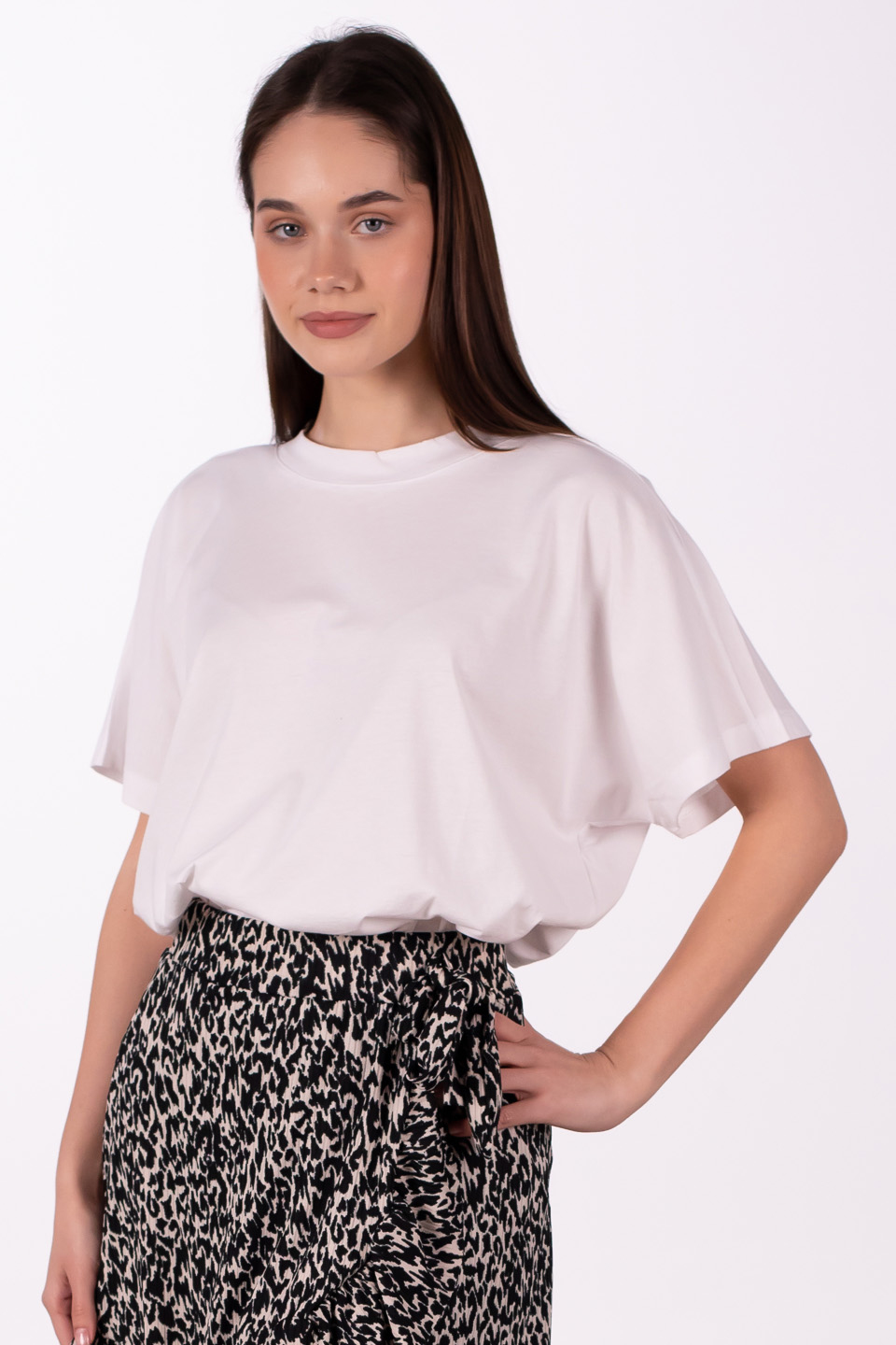Dik yaka düşük kol oversize t-shirt-4489 Beyaz