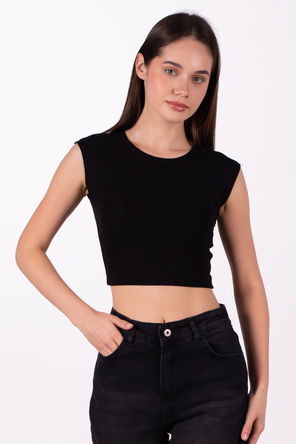 Düşük kol crop body-4003 Siyah
