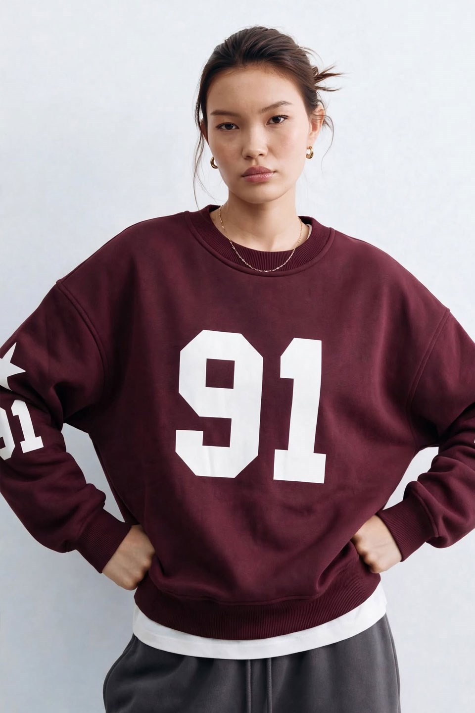 Kadın Bisiklet Yaka Sayı Baskılı Sweatshirt - Mürdüm