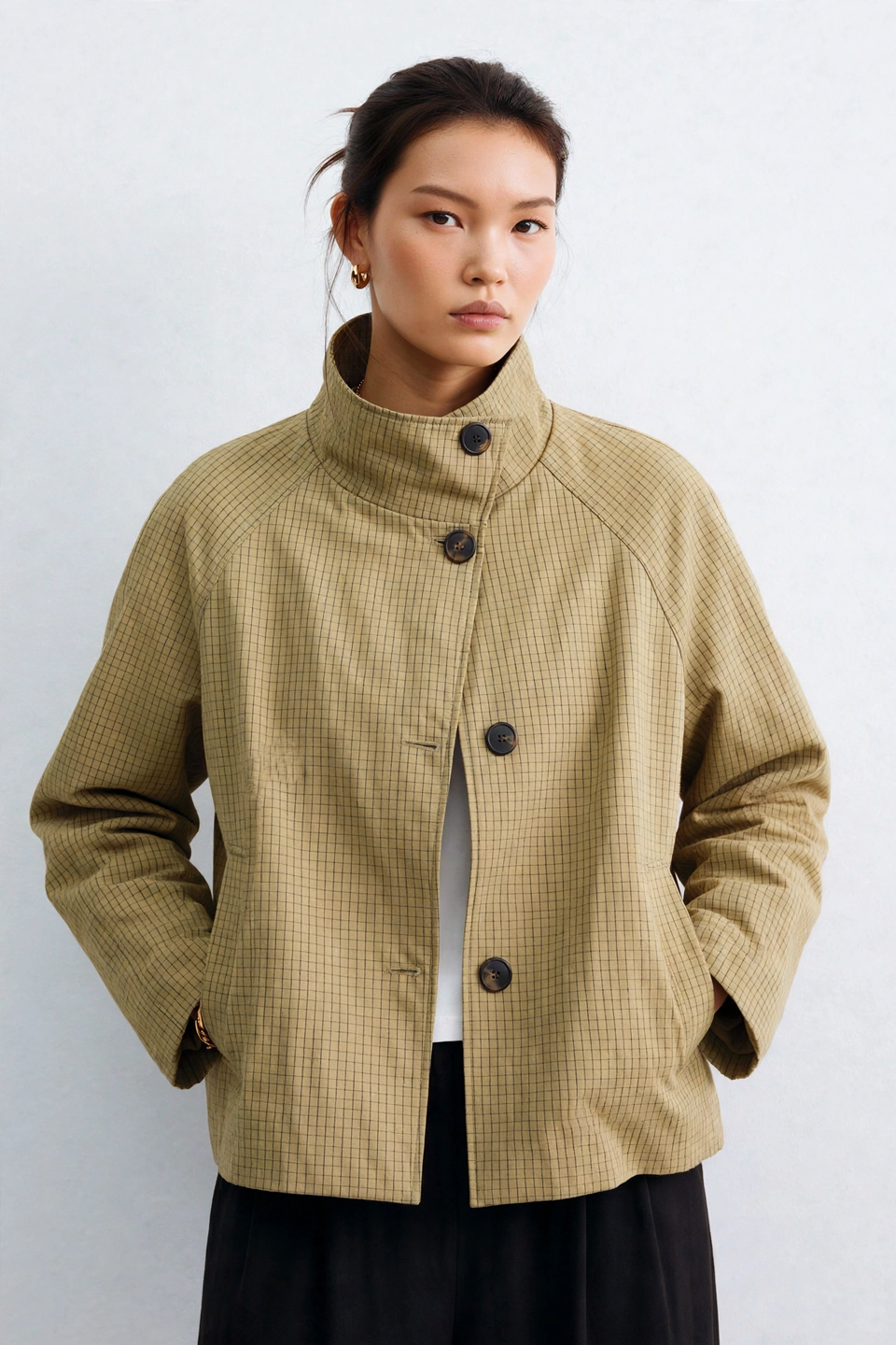 Kadın Dik Yaka Kareli Oversize Ceket - Haki