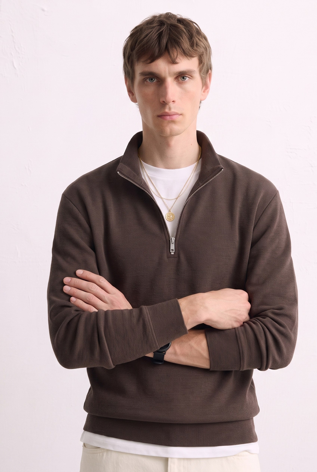 Erkek Yarım Fermuarlı Dik Yaka Sweatshirt - Kahve