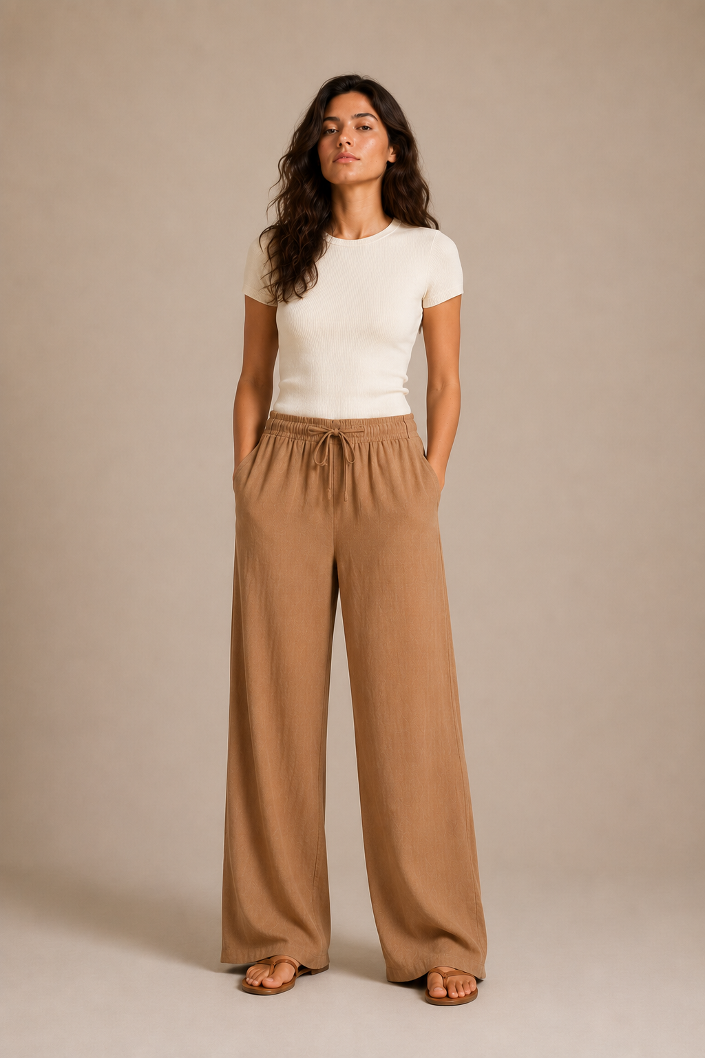 Kadın Beli Bağlamalı Bol Paça Pantolon - Kahve