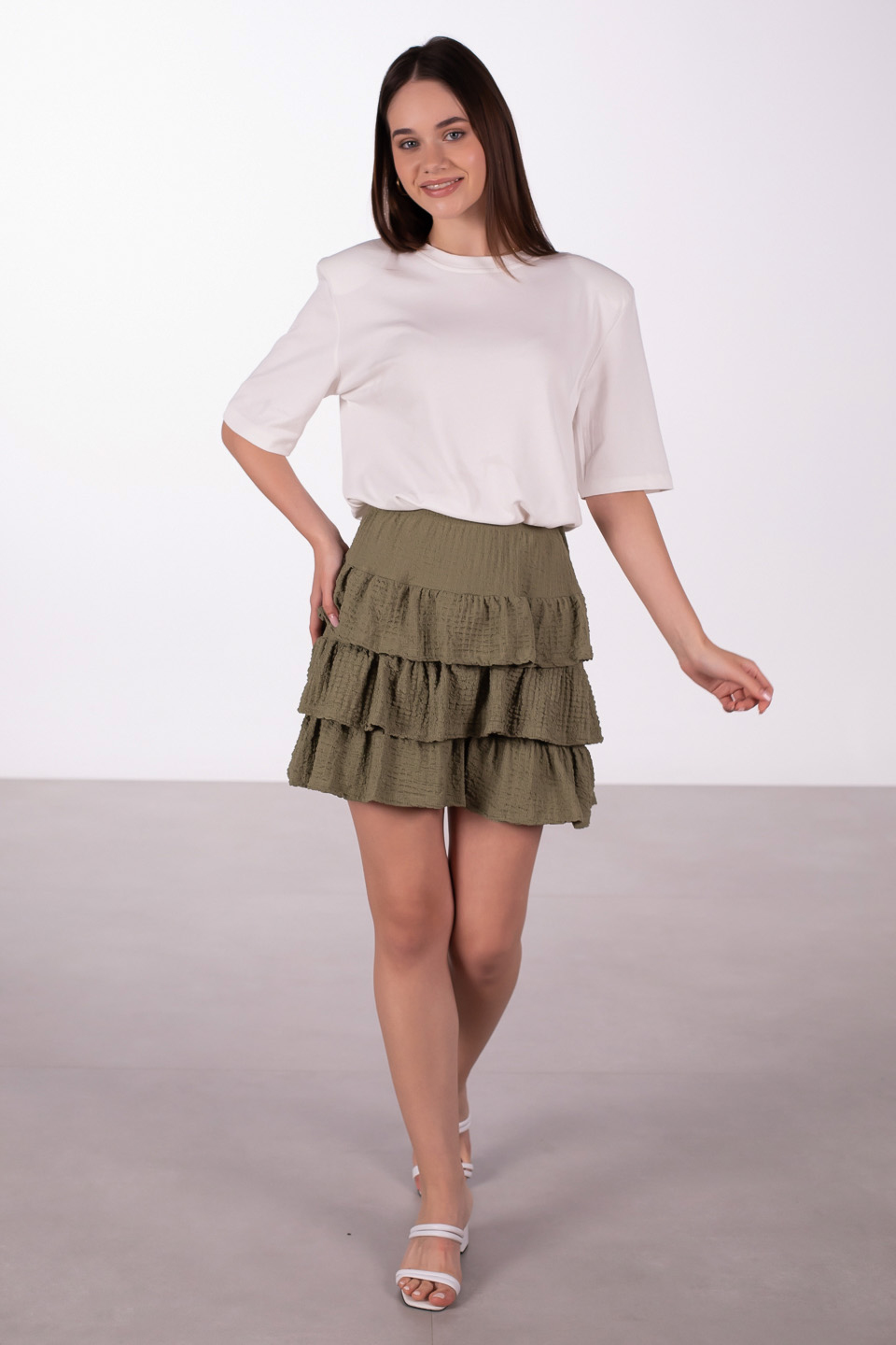 Fırfırlı mini şort etek-10433 Haki