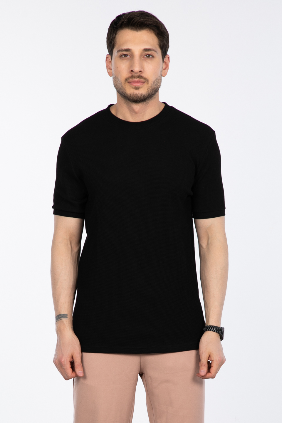 Gipeli waffal basıc t-shirt-2709 Siyah