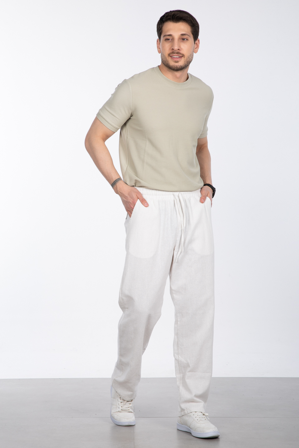 Keten bol paça pantolon-004 Ekru