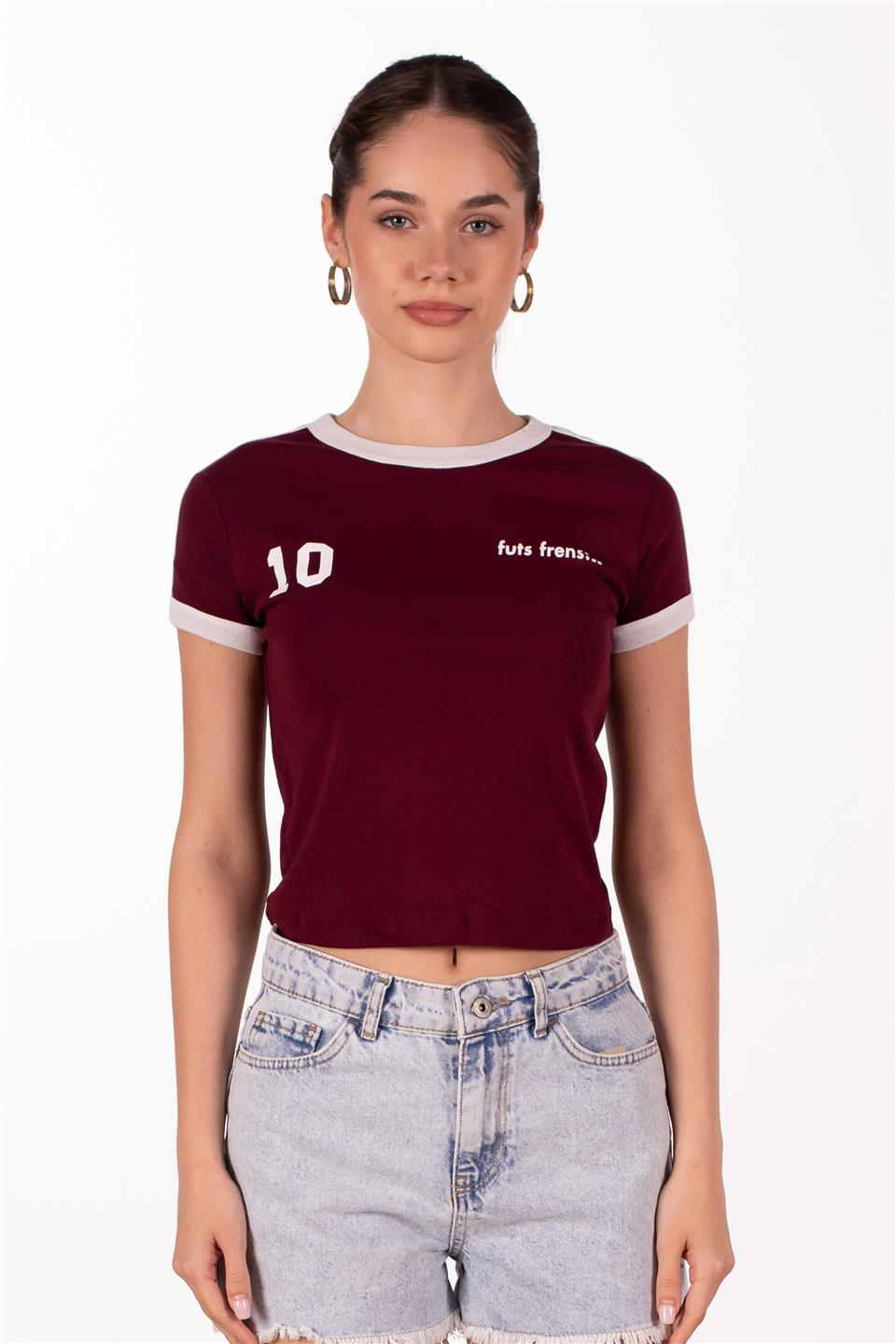Kol garnili baskılı t-shirt-4334 Bordo