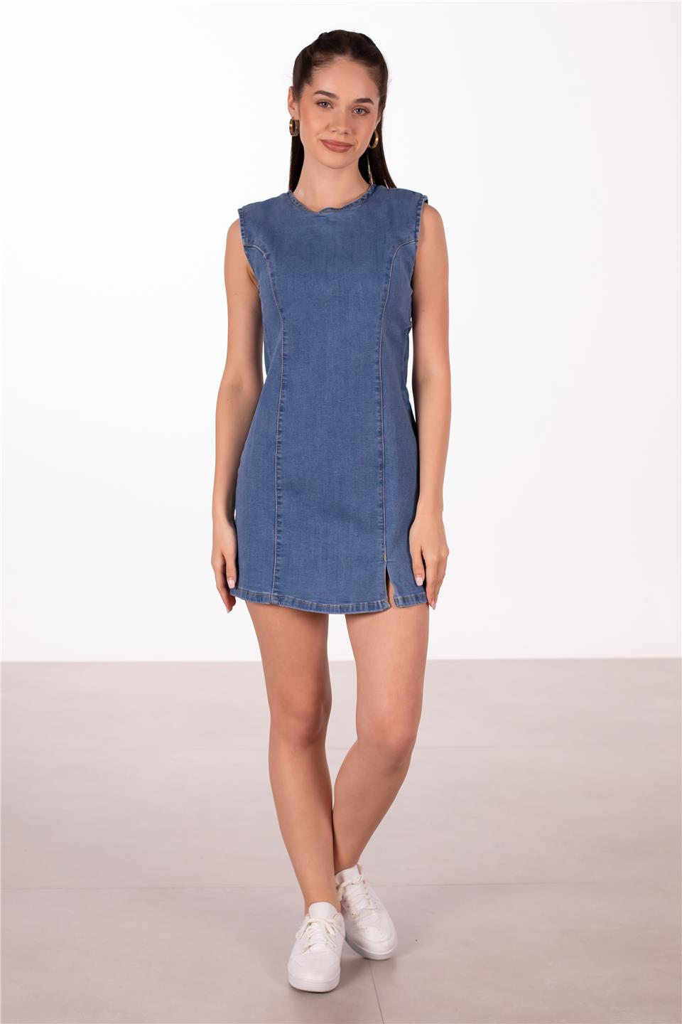 Kolsuz mini denim elbise-1001 Mavi
