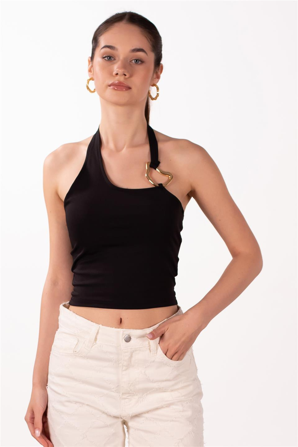 Omuz aksesuarlı bluz-2382 Siyah