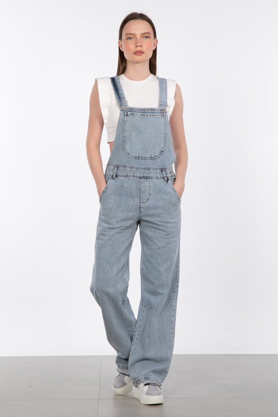 Önü cepli denim salopet-1038 Mavi Kar Y.