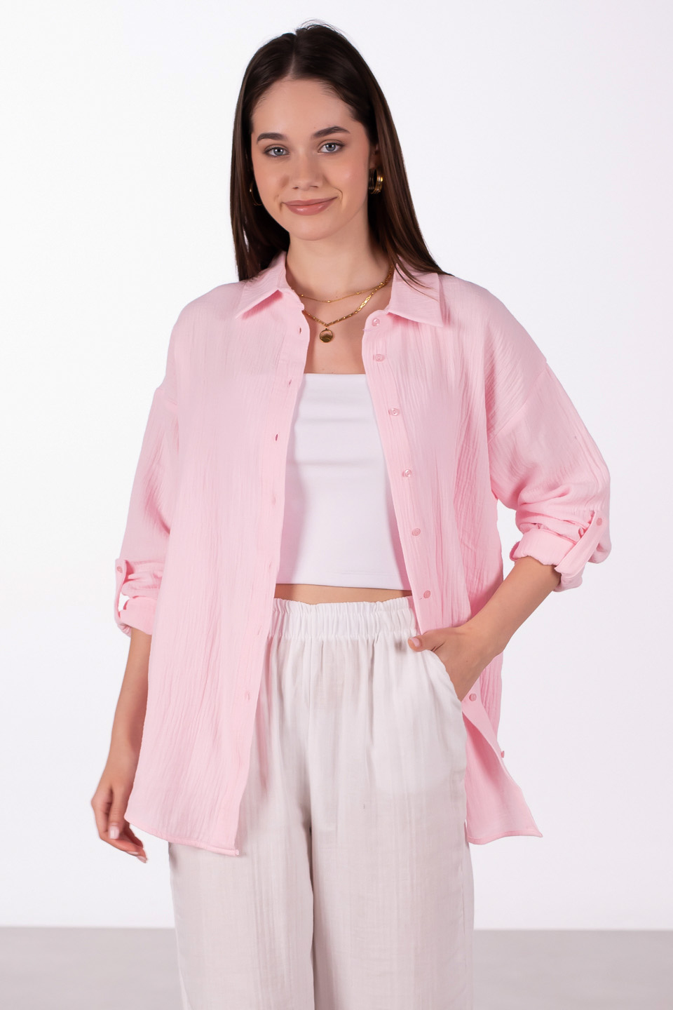 Oversize pamuklu gömlek-4806 Pembe