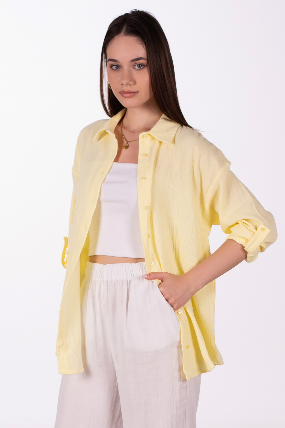 Oversize pamuklu gömlek-4806 Sarı