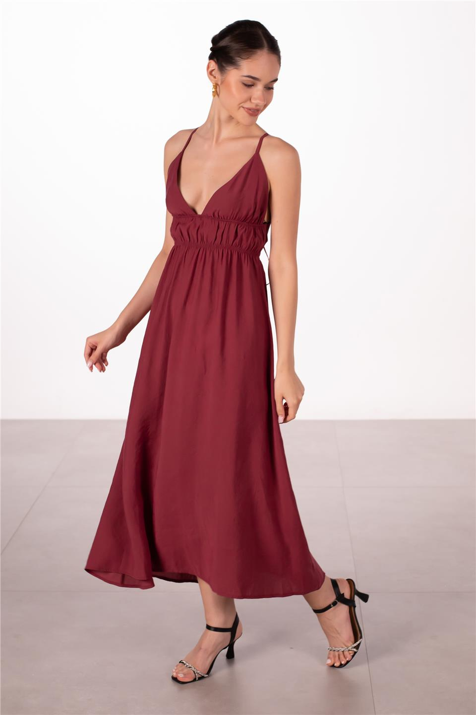 Sırt dekolteli askılı elbise-7205 Bordo