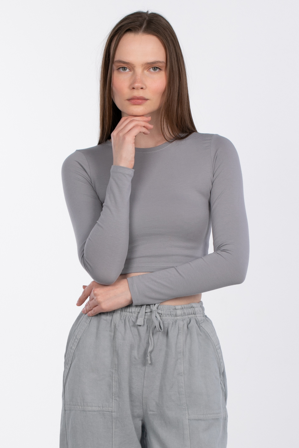 Uzun kol crop body-R990 Gri