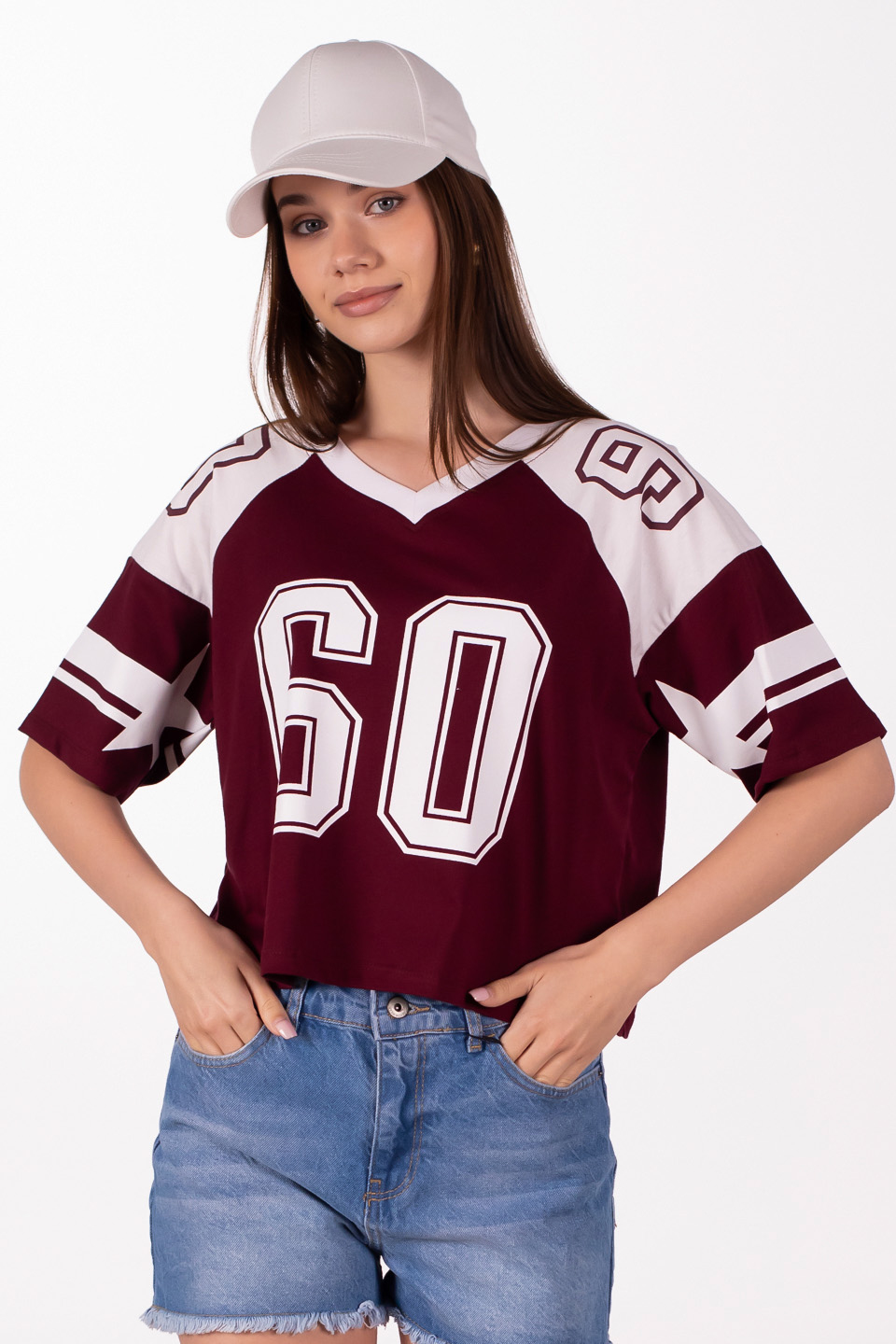 V yaka ön ve arka baskılı t-shirt-83-962 Bordo