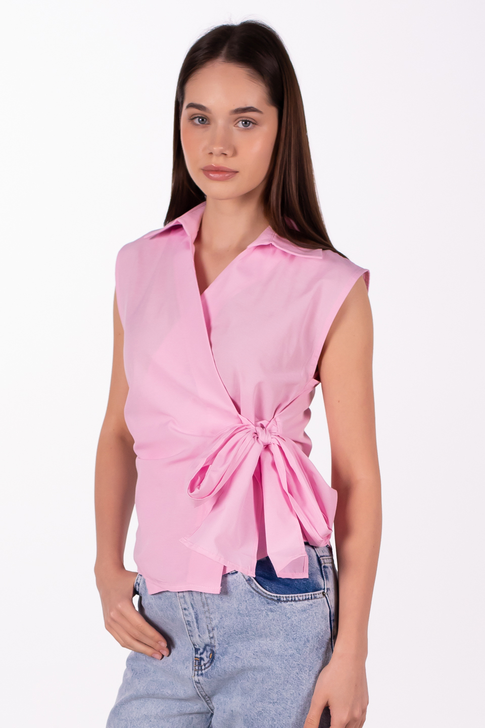Yandan bağlamalı sıfır kol gömlek-4803 Pembe