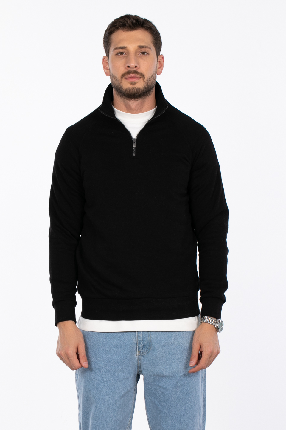 Yarım fermuarlı dik yaka sweat-5759 Siyah