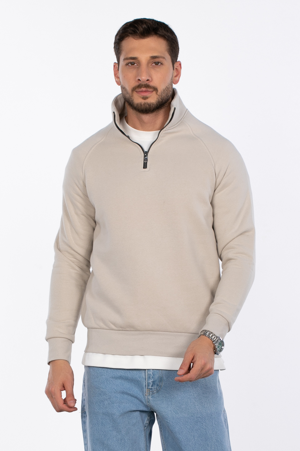 Yarım fermuarlı dik yaka sweat-5759 Taş