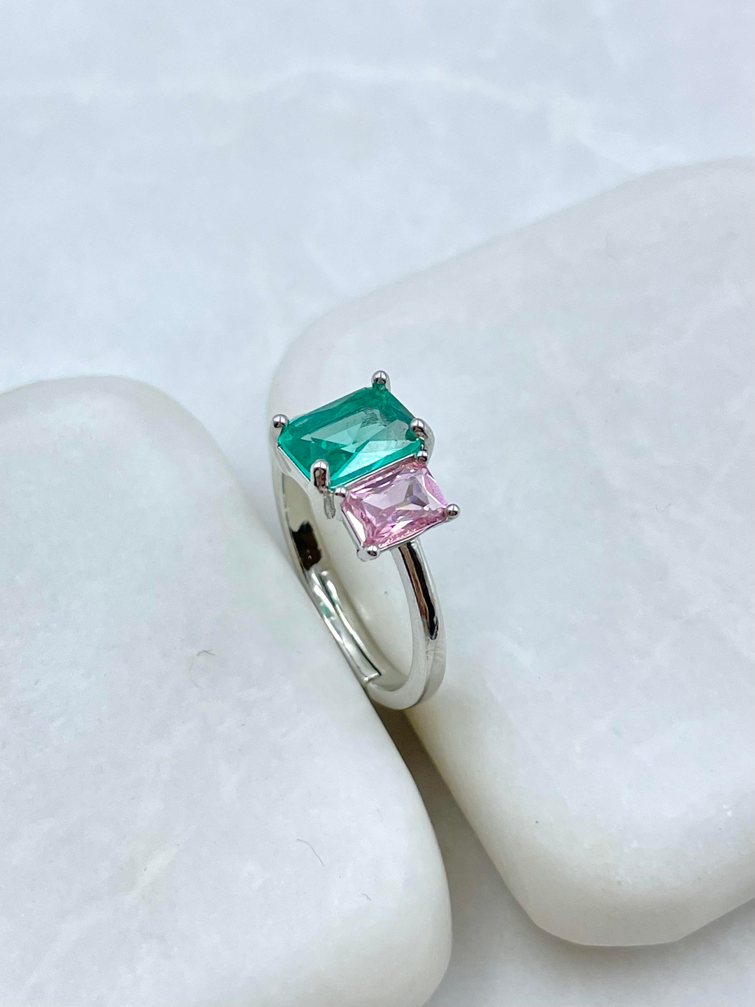 Altın Kaplama Pembe Kare Kristal Taşlı Yüzük Yeşil-Gümüş