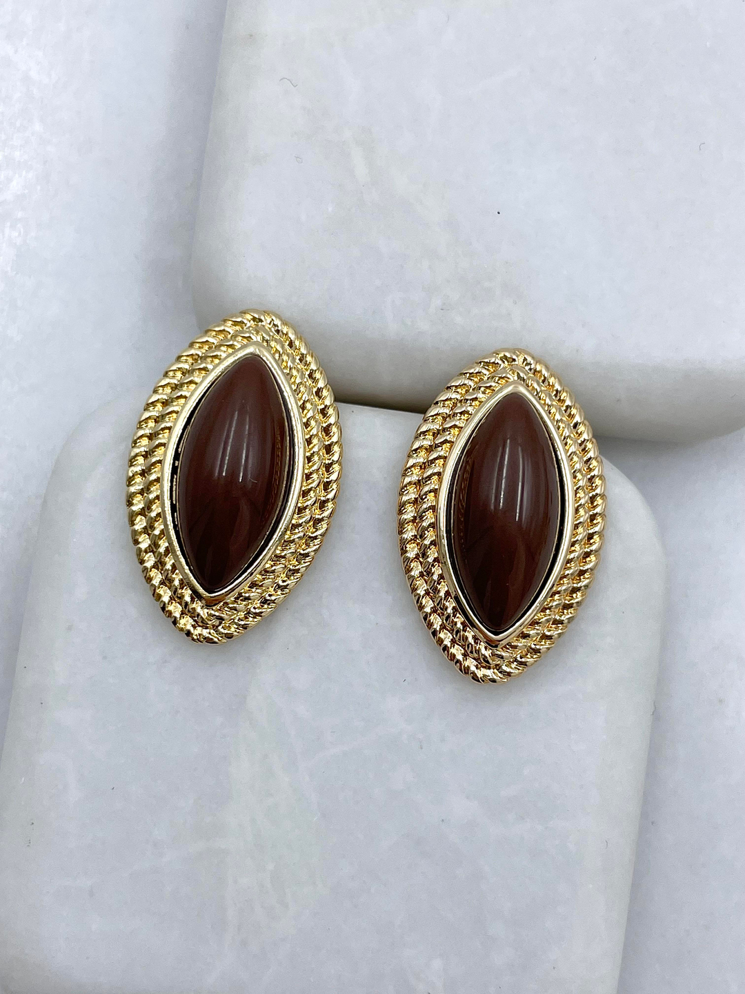 Altın Kaplama Çift Sıra Gold Burgu Detaylı Küçük Vintage Küpe Kahve