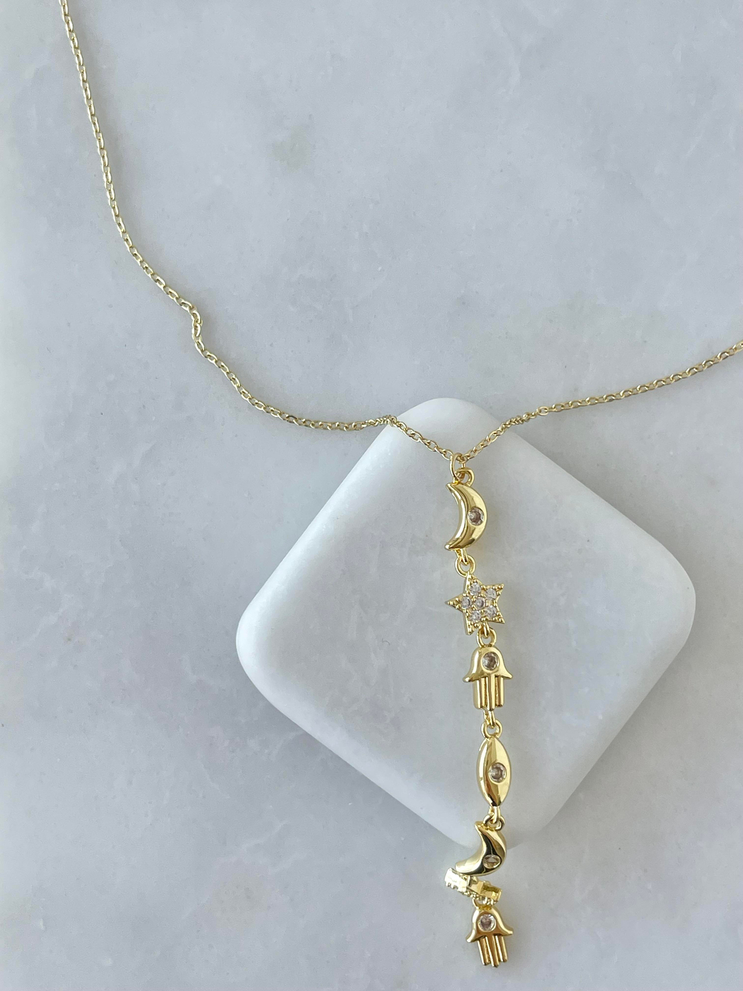 Çelik Gömme Taşlı Ay Yıldız Y Model Kolye Gold