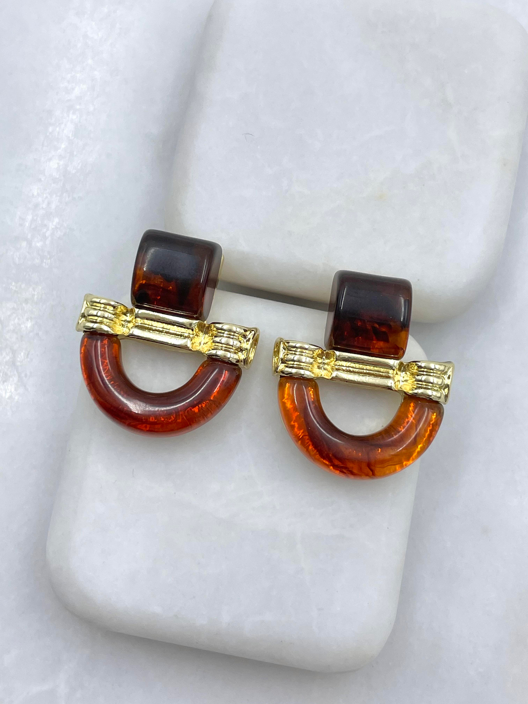 Altın Kaplama Kehribar Tasarım Küpe Gold