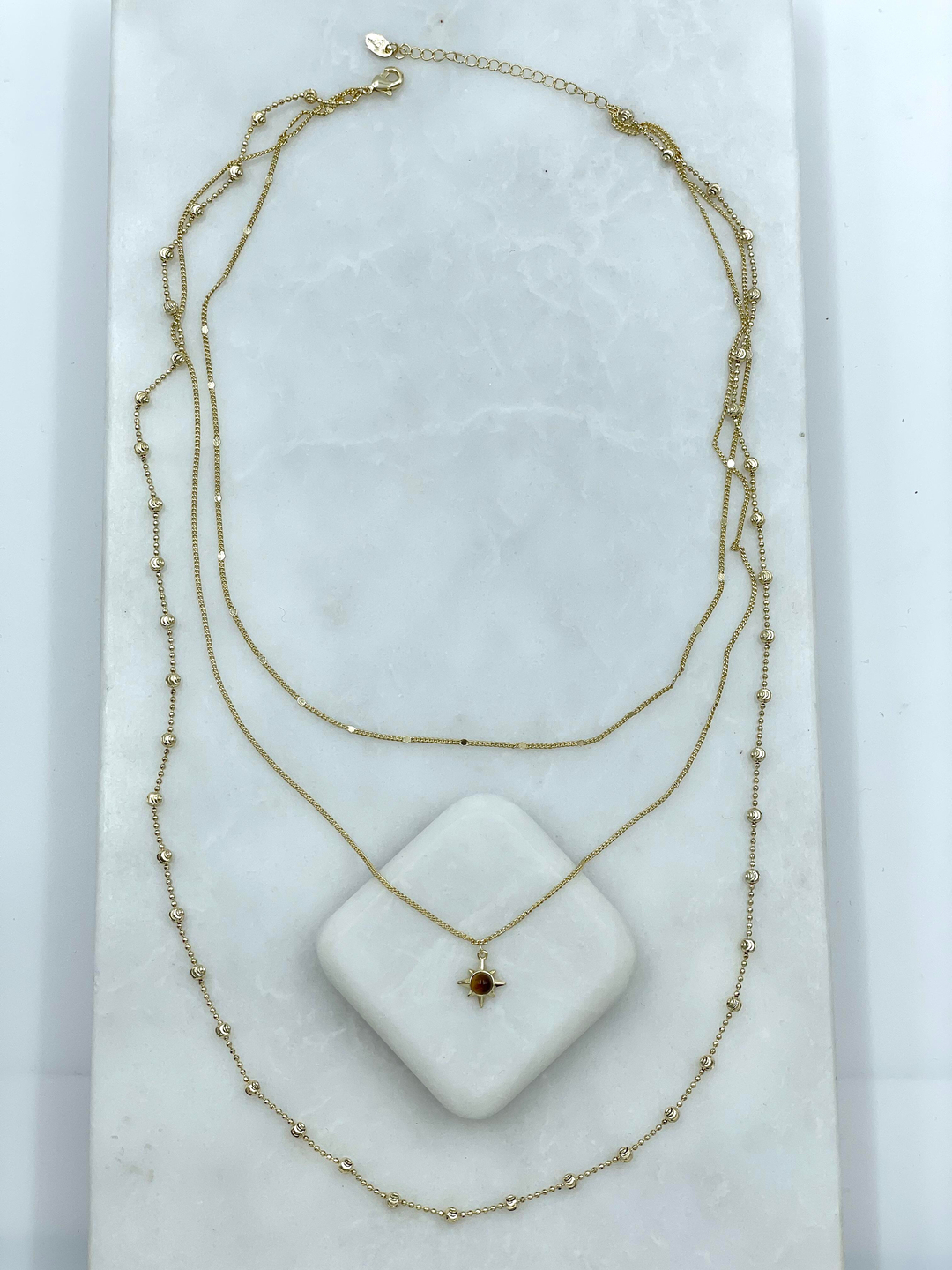 Altın Kaplama Kaplan Gözü Sallantılı Üçlü Zincir Kolye Gold