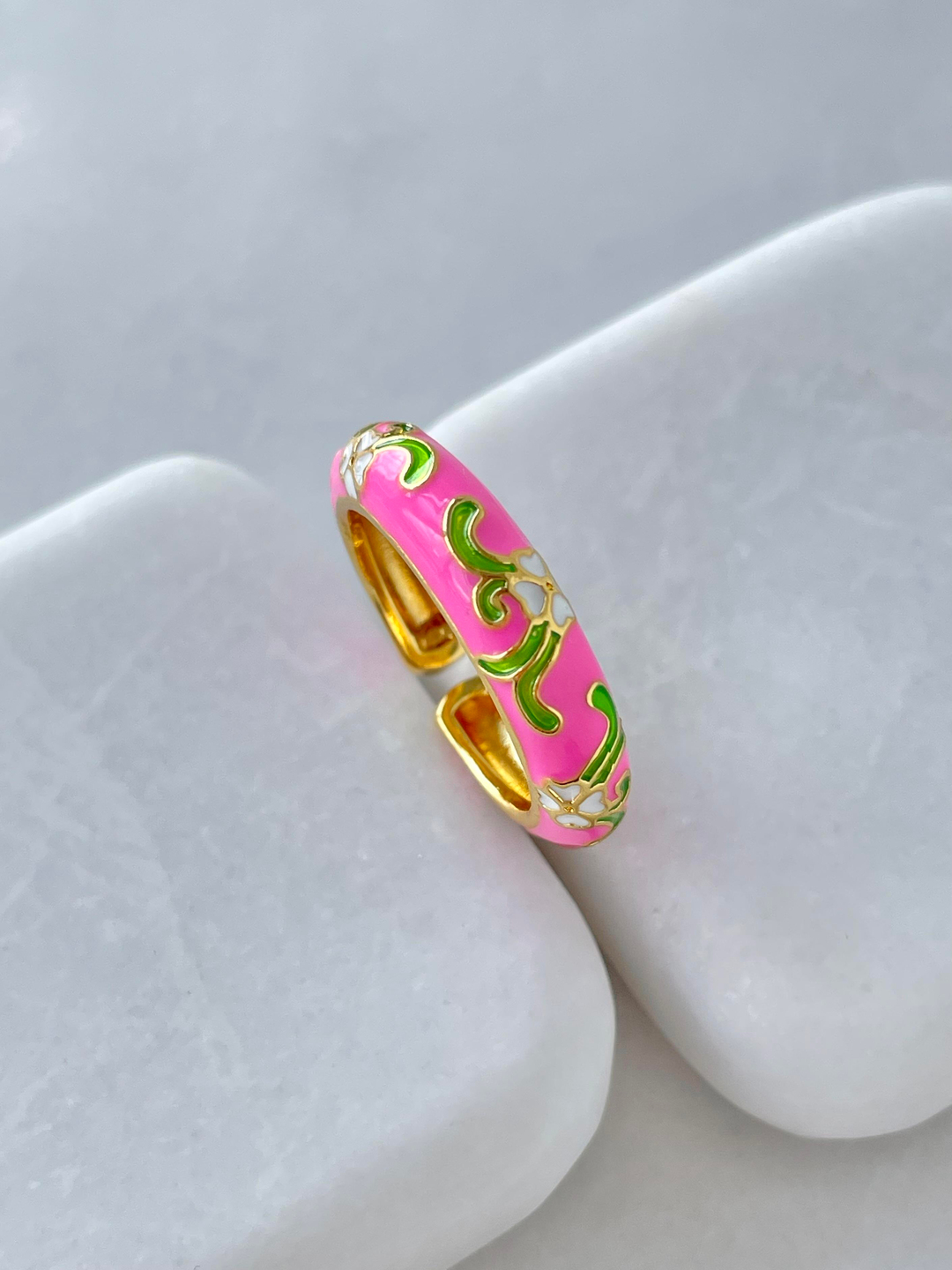 Altın Kaplama Renkli Mineli Çiçek Model Yüzük Pembe