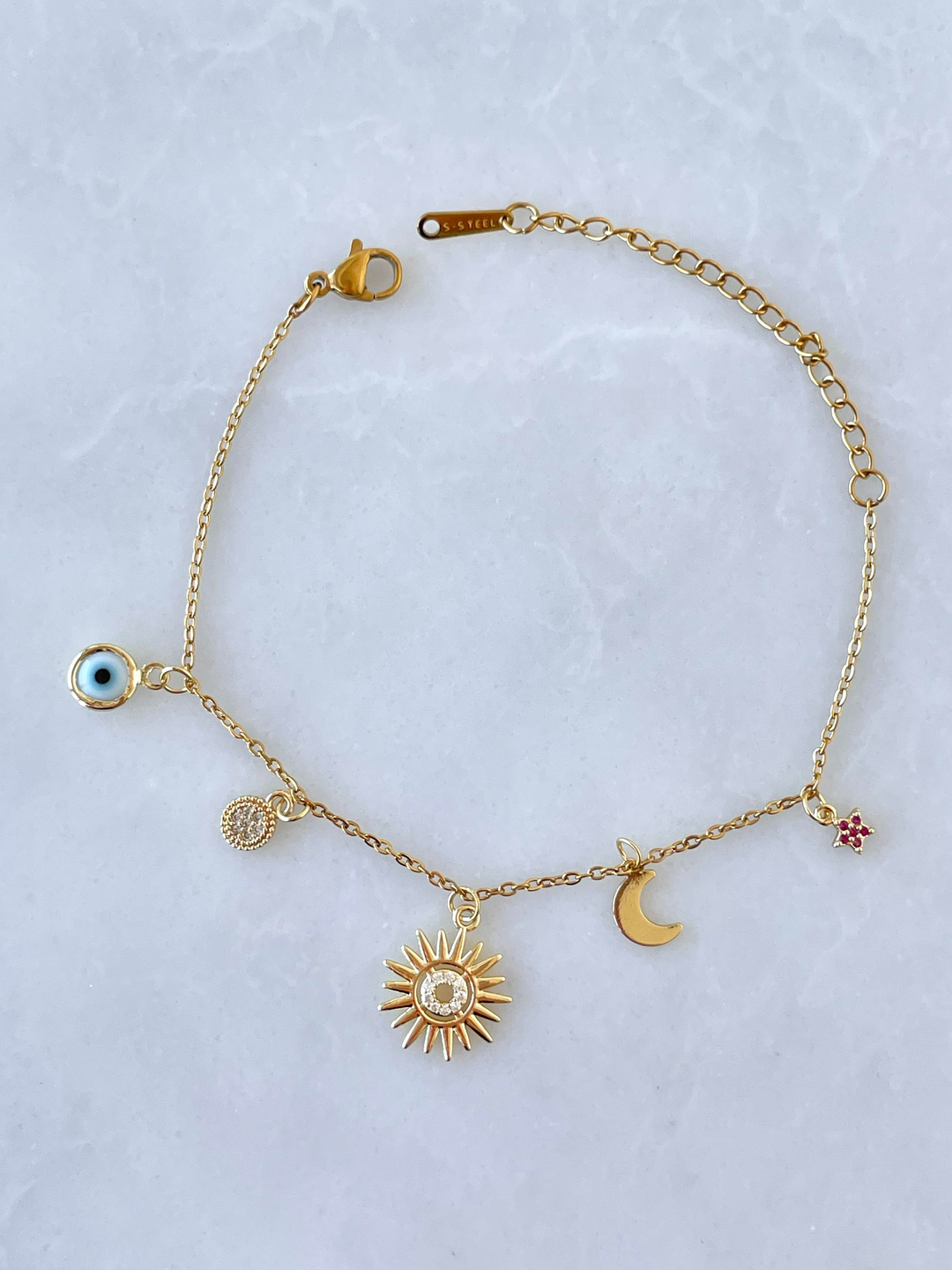 Çelik Ay ve Güneş Sallantılı Bileklik Gold