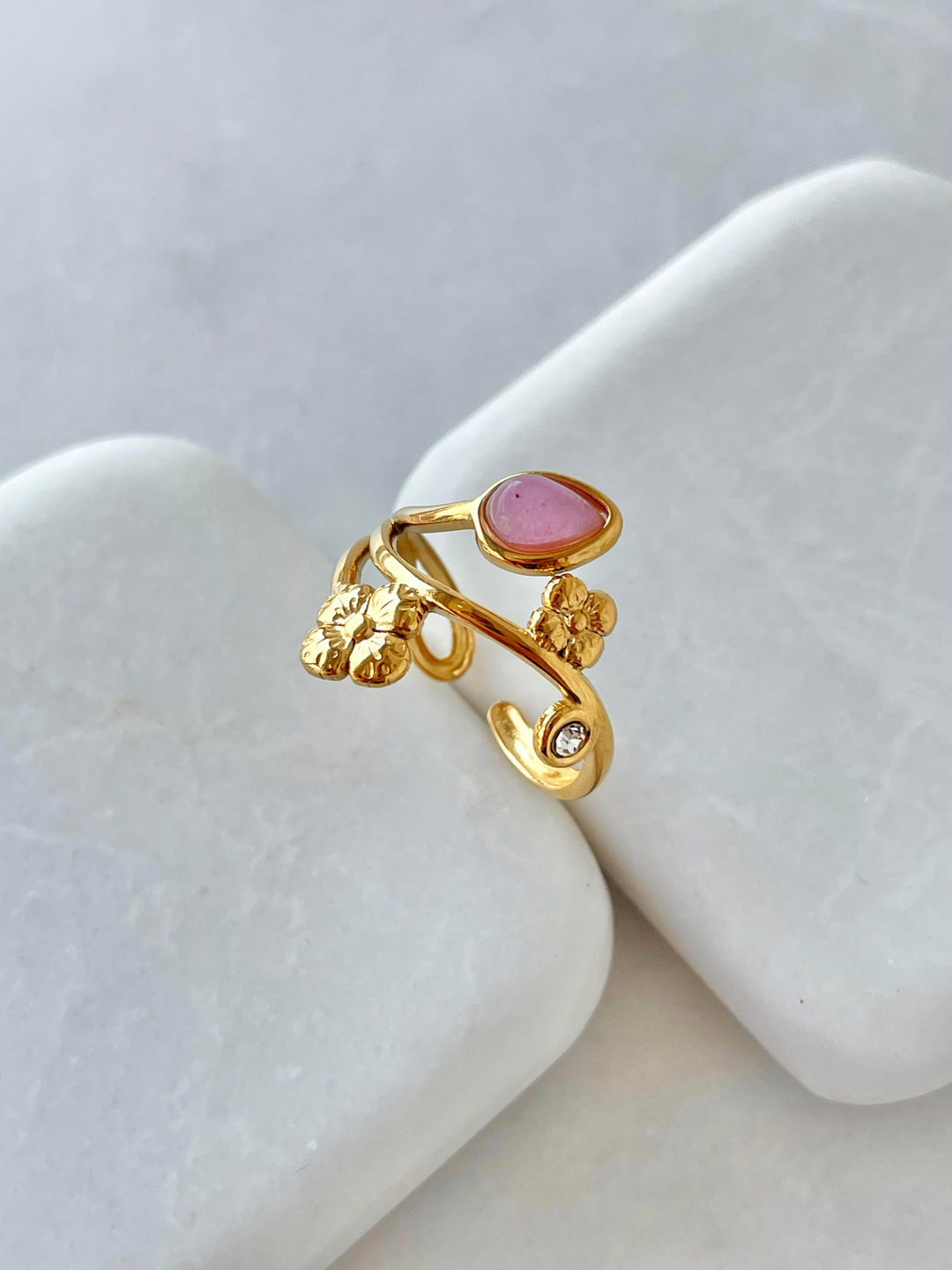 Çelik Doğal Taşlı Sarmaşık Yüzük Pembe