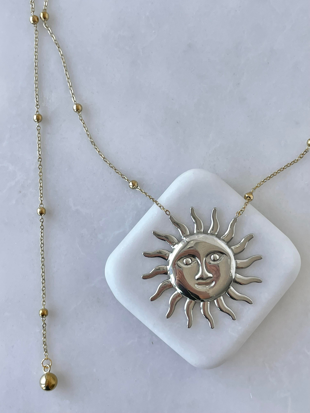 Çelik Güneş Plaka ve Topçuk Sallantılı İkili Zincir Kolye Gold