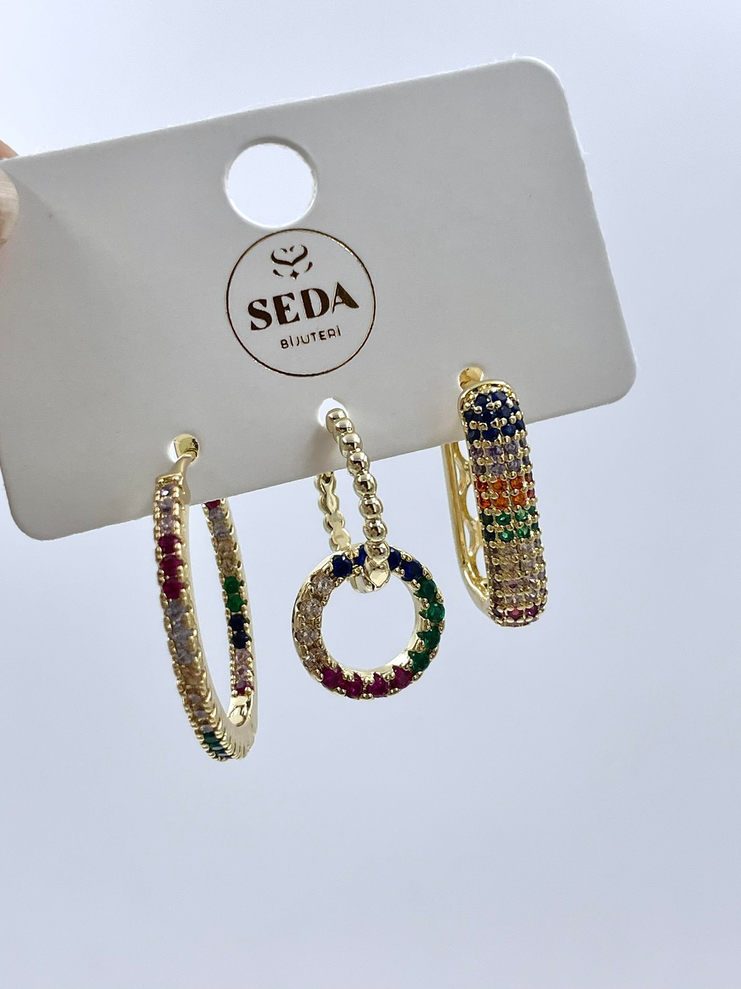 Altın Kaplama Üçlü Renkli Taşlı Halka ve Dikdörtgen Set Küpe Gold