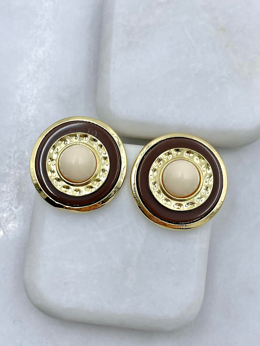 Altın Kaplama Gold Detaylı Daire Vintage Küpe Kahve