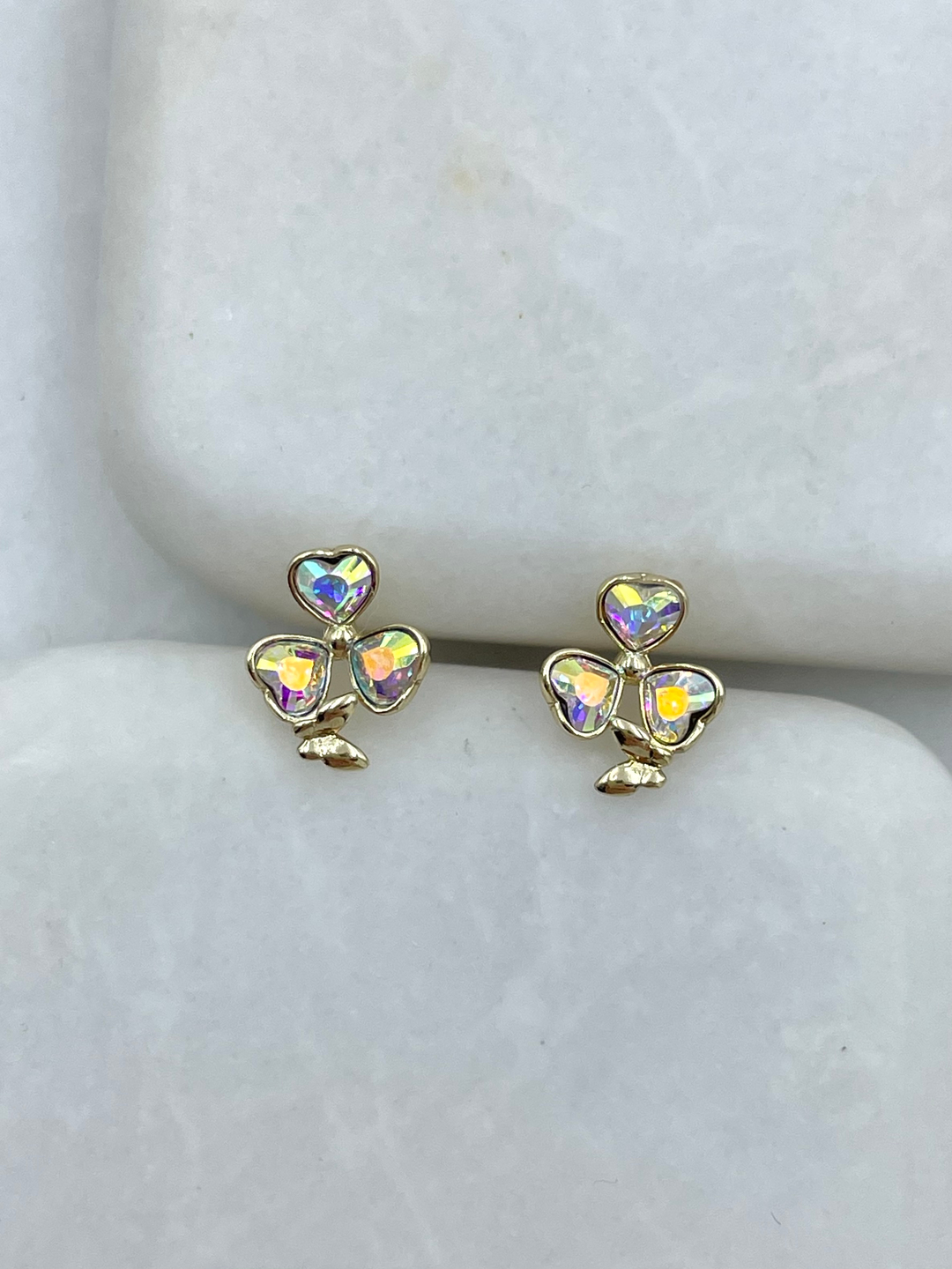 Özel Seri Swarovski Taşlı Minik Üçlü Kalp Küpe Gold