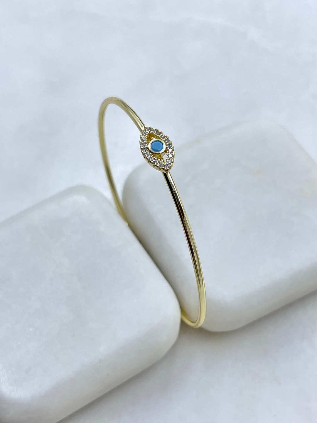 Altın Kaplama Mavi Taşlı Göz Model Kelepçe Bileklik Gold