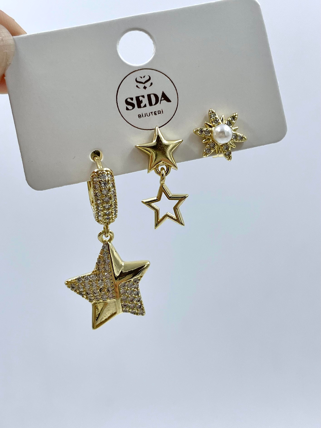 Altın Kaplama Üçlü Gömme Taşlı Yıldız Set Küpe Gold