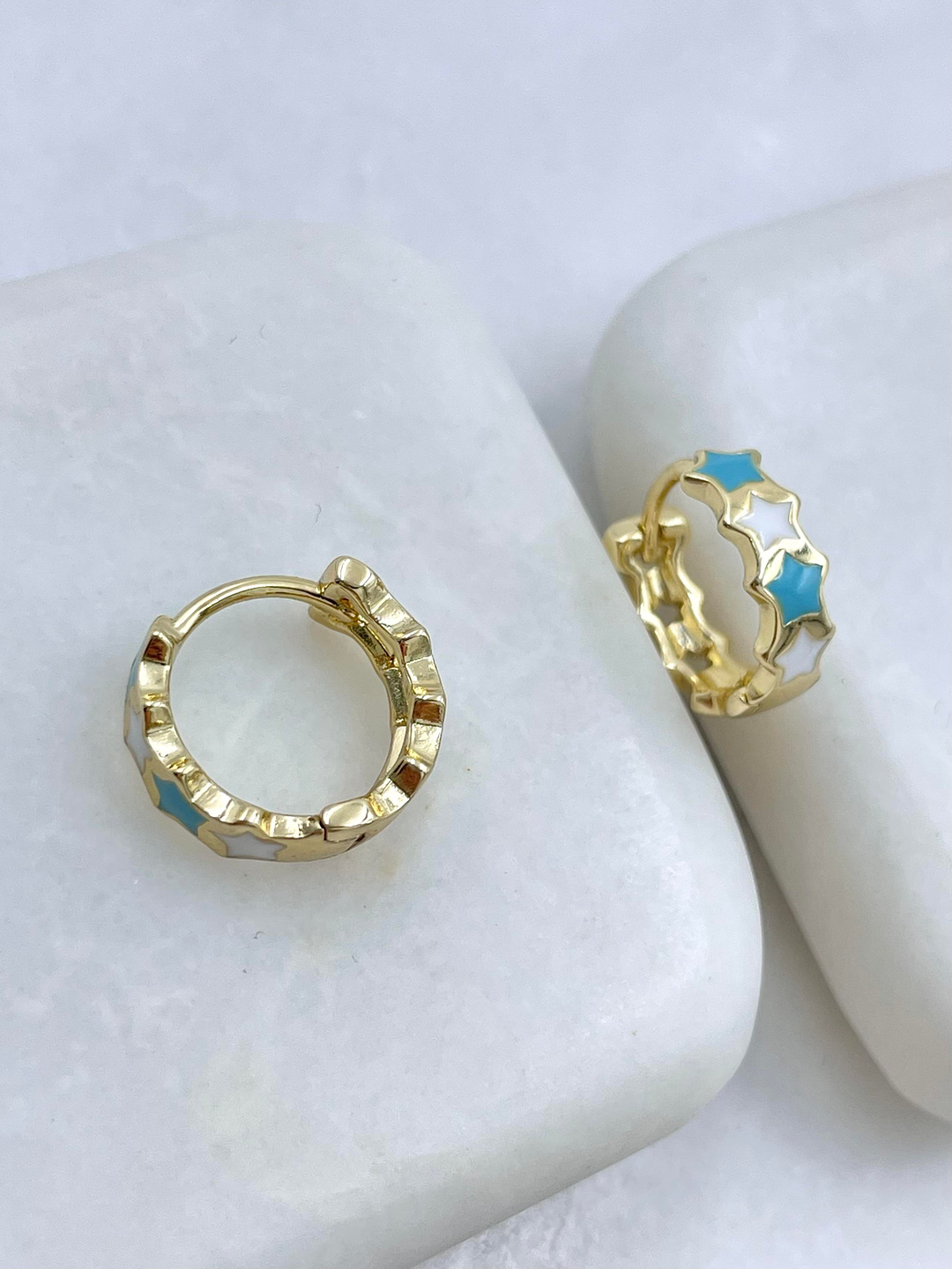 Özel Seri Beyaz ve Turkuaz Mineli Yıldız Halka Küpe Gold