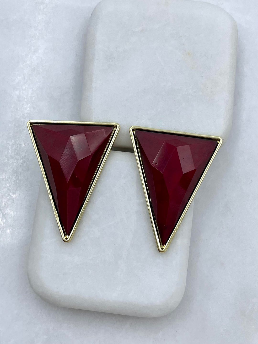 Altın Kaplama Üçgen Vintage Küpe Bordo