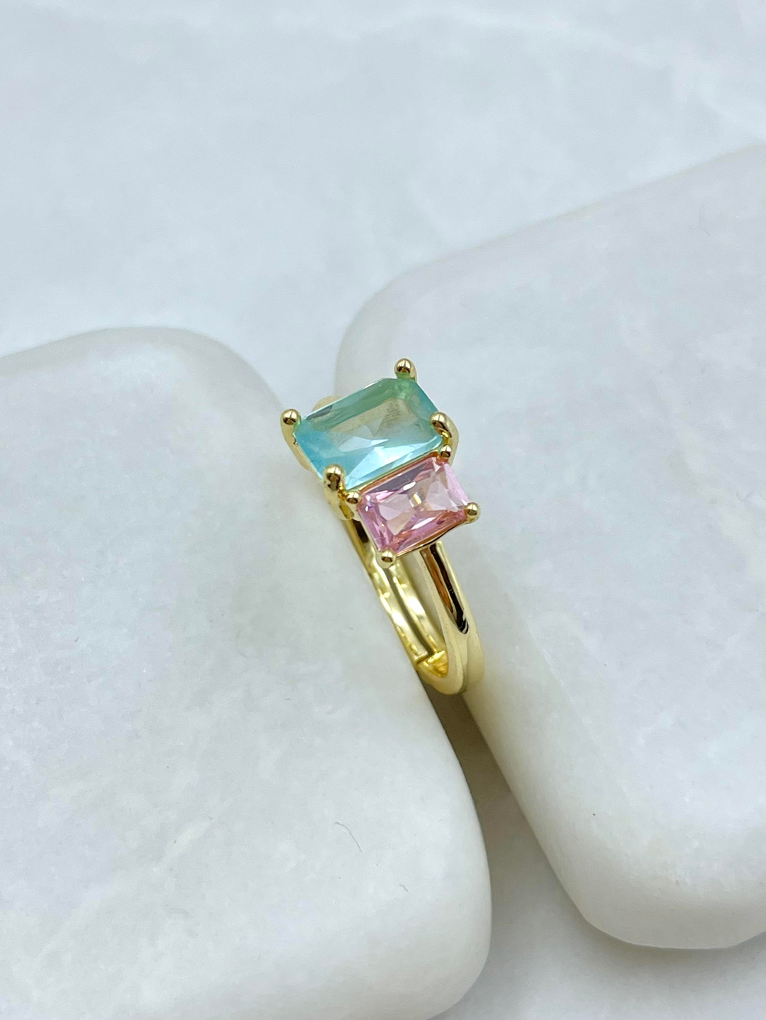 Altın Kaplama Pembe Kare Kristal Taşlı Yüzük Mavi-Altın