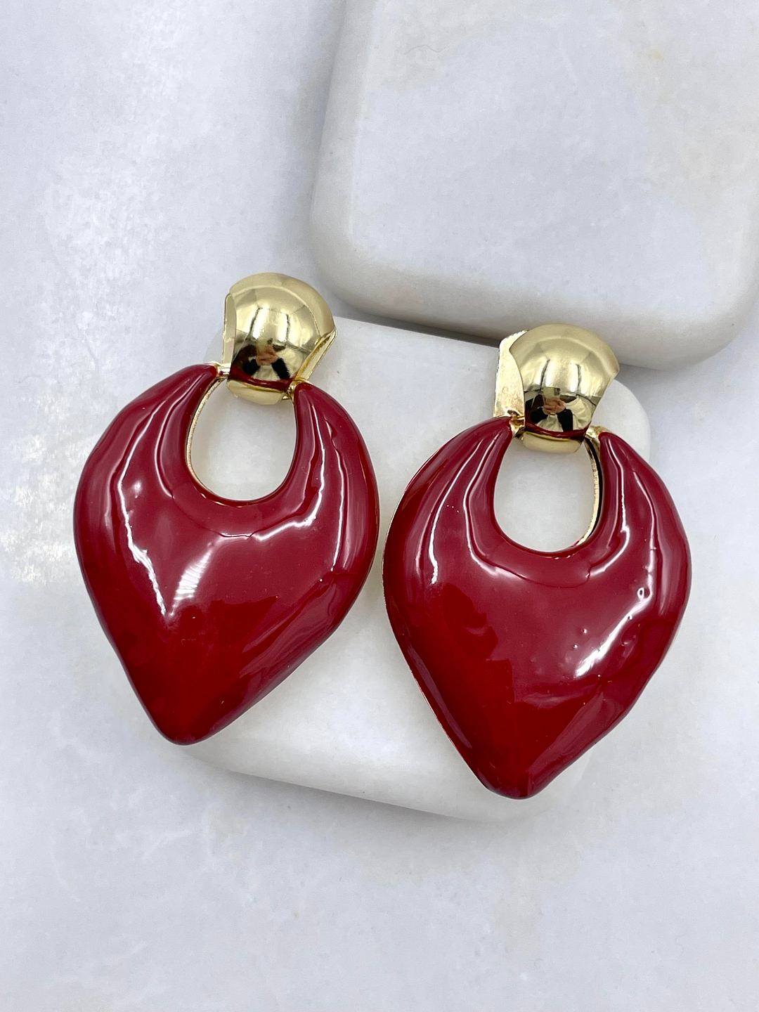 Altın Kaplama Yaprak Model Vintage Küpe Bordo