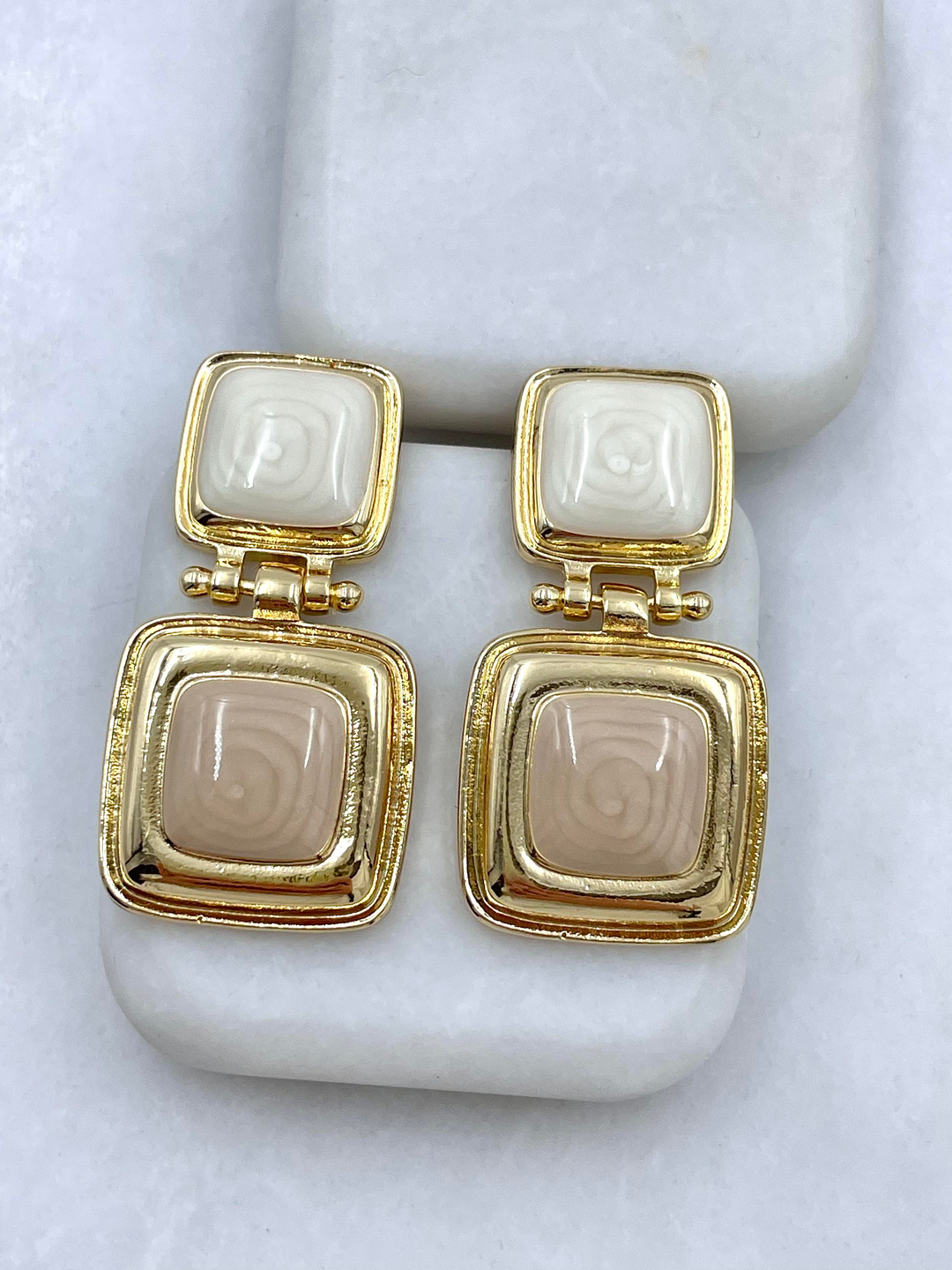 Altın Kaplama Gold Detaylı İkili Kare Model Vintage Küpe Vizon