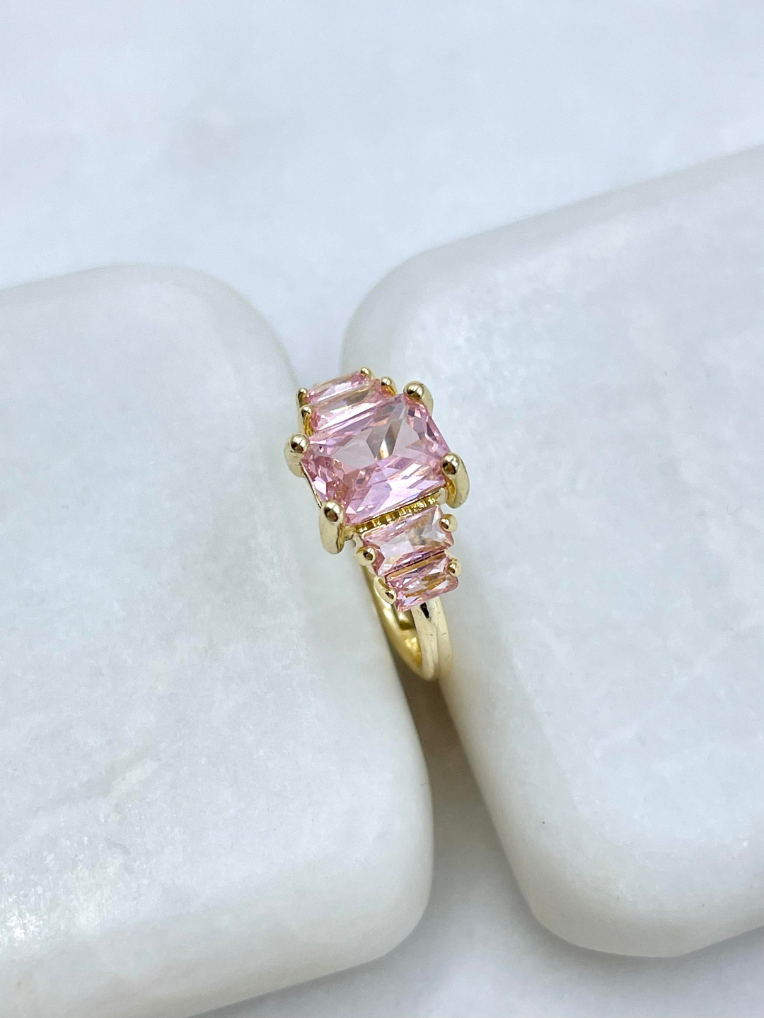 Altın Kaplama Büyük Küçük Baget Taşlı Yüzük Pembe