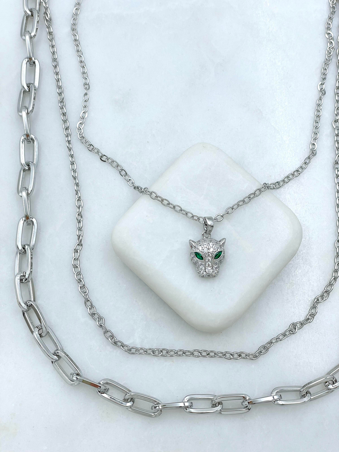 Altın Kaplama Kaplan Sallantılı Üçlü Zincir Kolye Gümüş